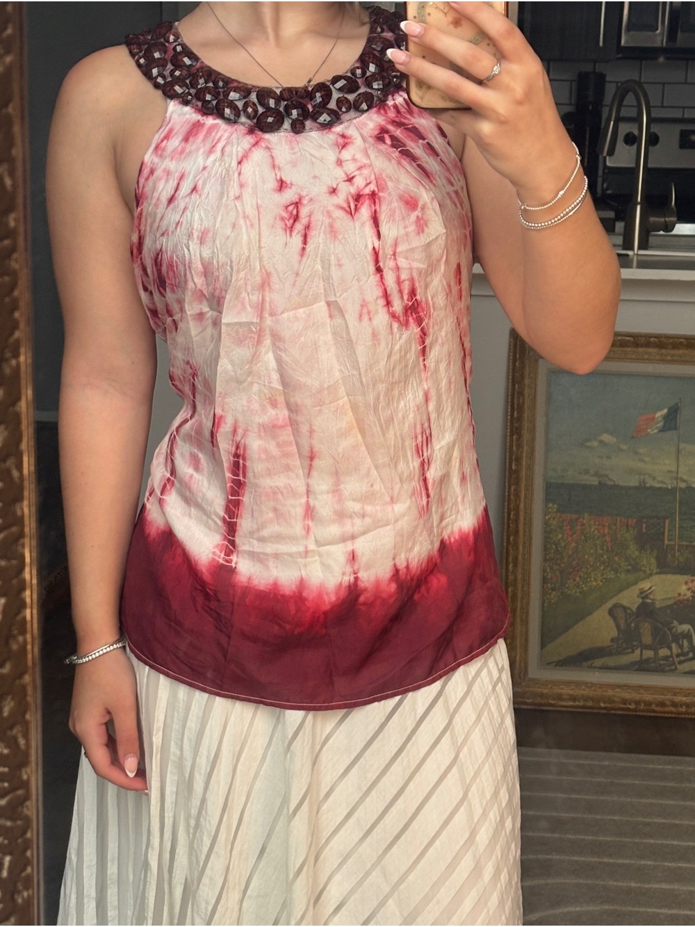 Velvet Beaded Halter Tie-Dye Tank - Burgundy & White